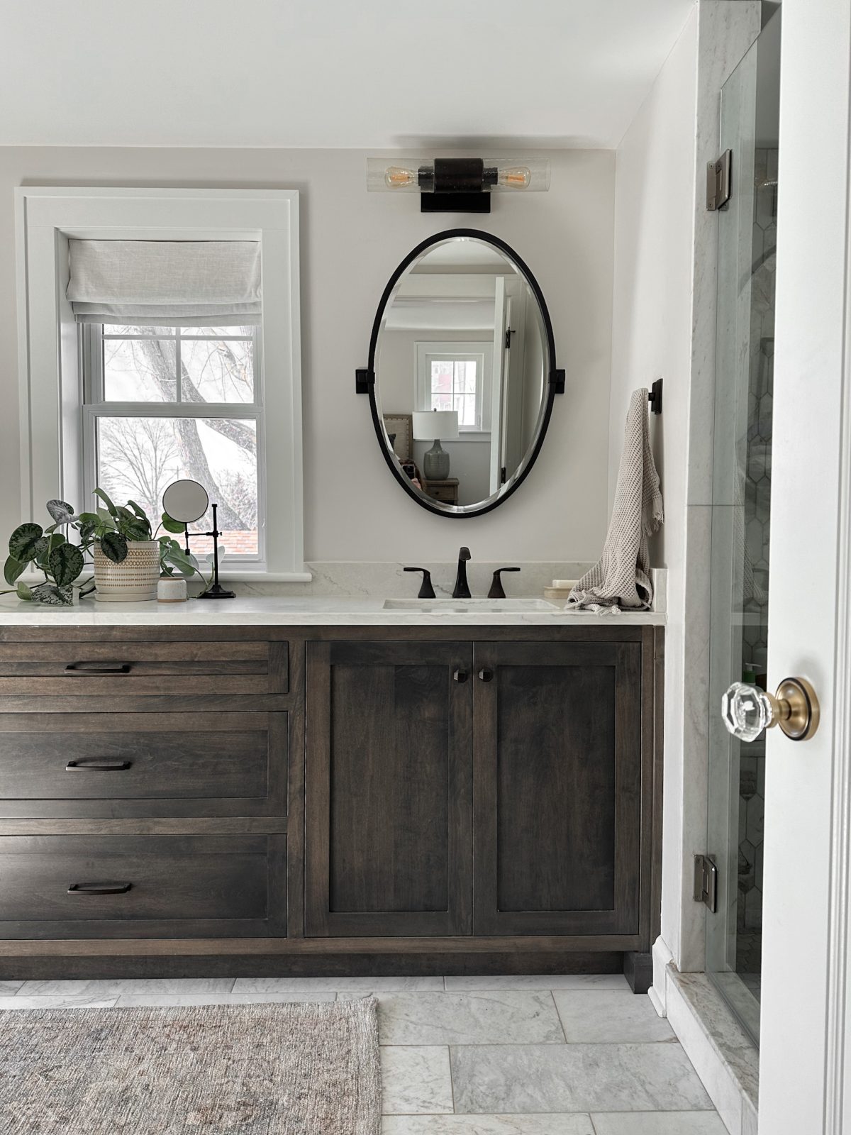 Rustic, modern luxury vanity installation for Clintonville, Ohio interior design clients.