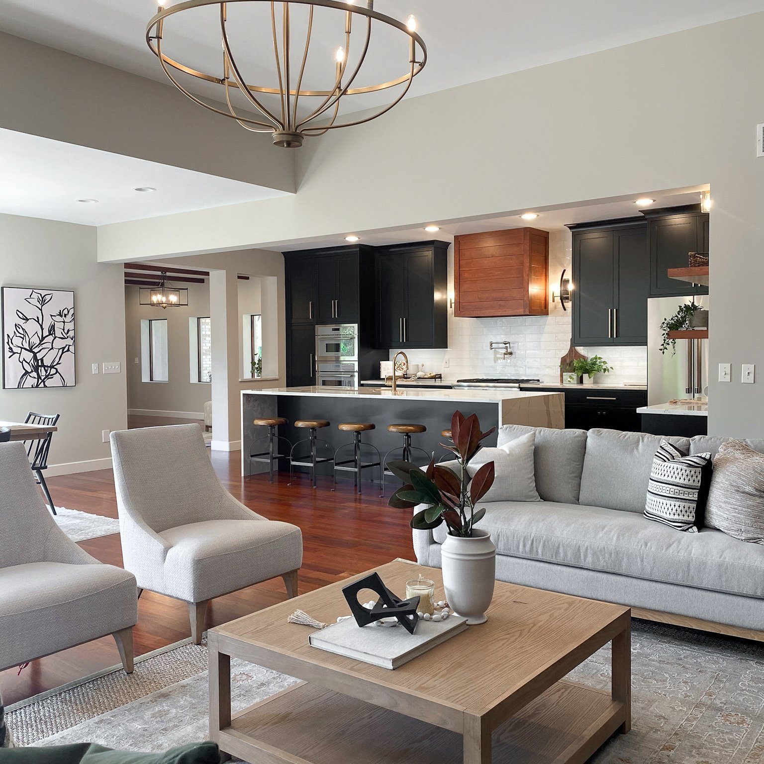 A view from an open floor plan Dublin, Ohio condo featuring name brand furniture and decor to stage before being sold.